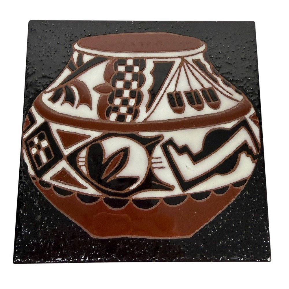 Vintage Italian Ceramic Art Tile Southwestern Pottery Motif Terracotta Black 6x6